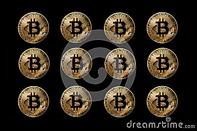 Set of bitcoin coins, digital currency created for use online anonymous transactions Cartoon Illustration